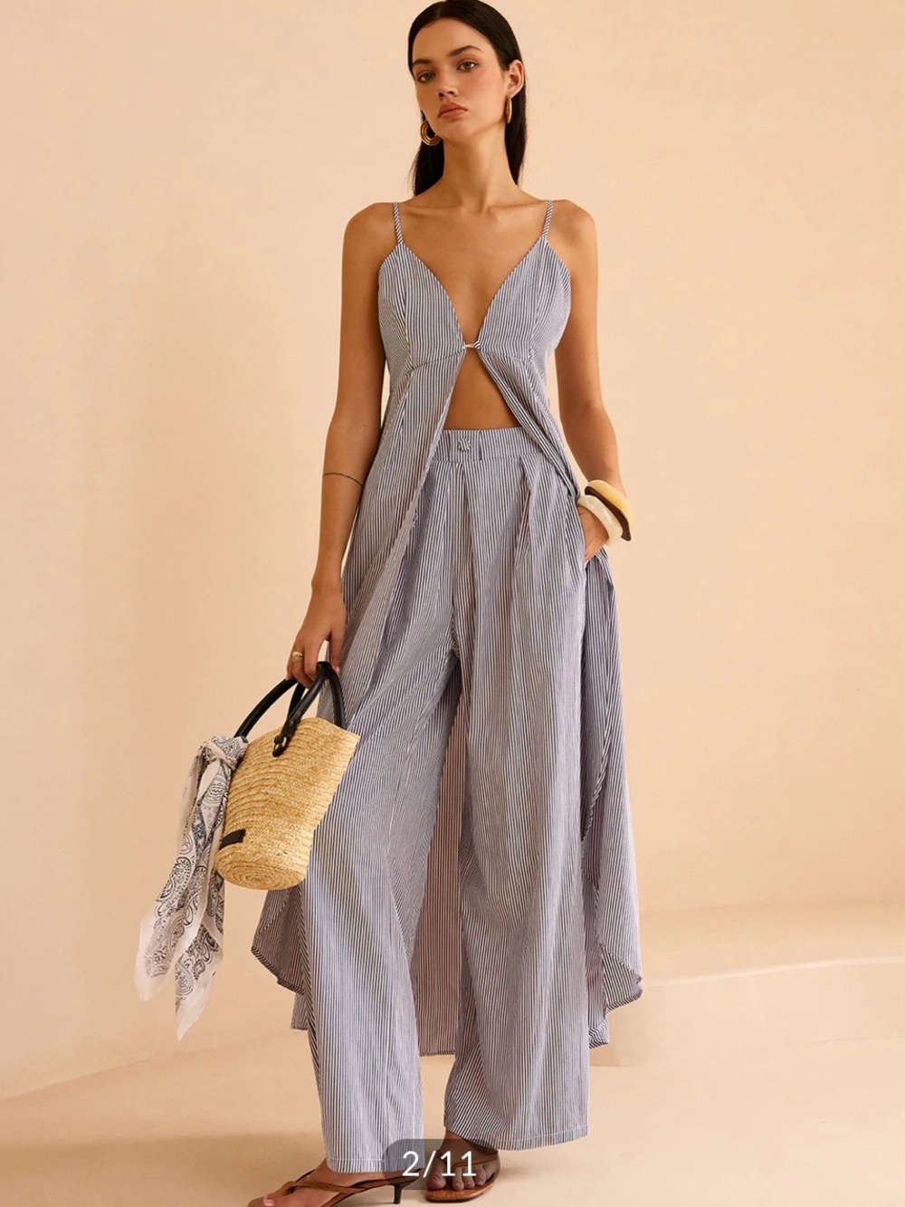 Light Blue Striped Linen-Blend Wide Leg Pants and open cardigan
